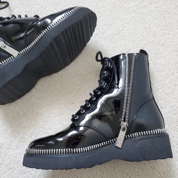 Michael Kors Black Patent Leather Haskell Moto Combat Boot sz5