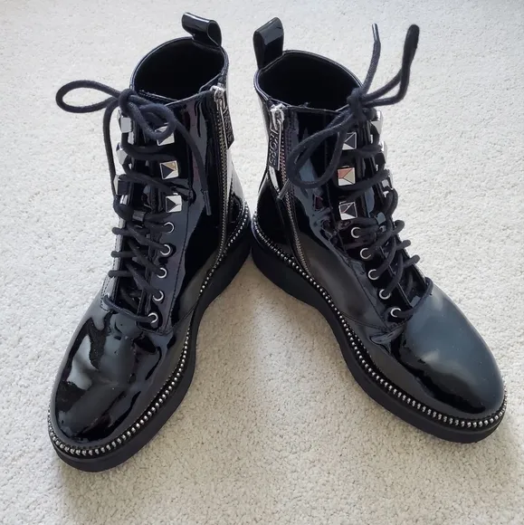 Michael Kors Black Patent Leather Haskell Moto Combat Boot sz5