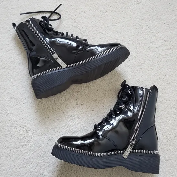 Michael Kors Black Patent Leather Haskell Moto Combat Boot sz5