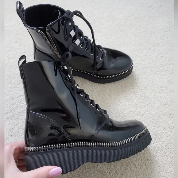 Michael Kors Black Patent Leather Haskell Moto Combat Boot sz5