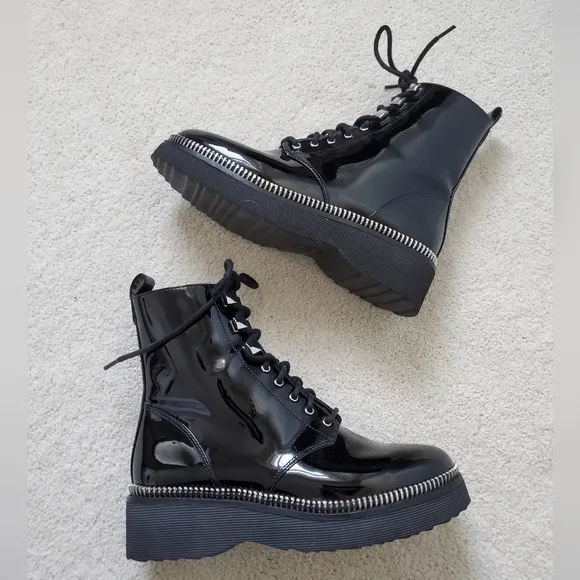 Michael Kors Black Patent Leather Haskell Moto Combat Boot sz5