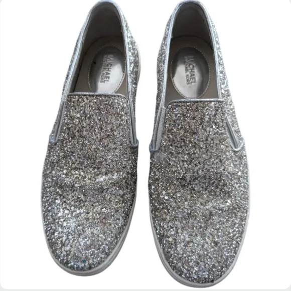 Michael Kors Glitter Slip On Sneakers Silver Metallic Size 6 MK