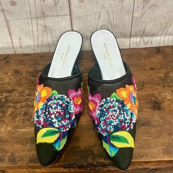 Michael Simon Floral Mesh Embroidered Mules