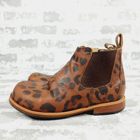 Mikoleon Kids Brown Animal Print Leather Round Toe Chelsea Boots F484