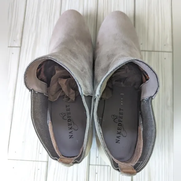 Naked Feet Suede and Leather Booties with Stacked Heel in Gray and Cream Size 6