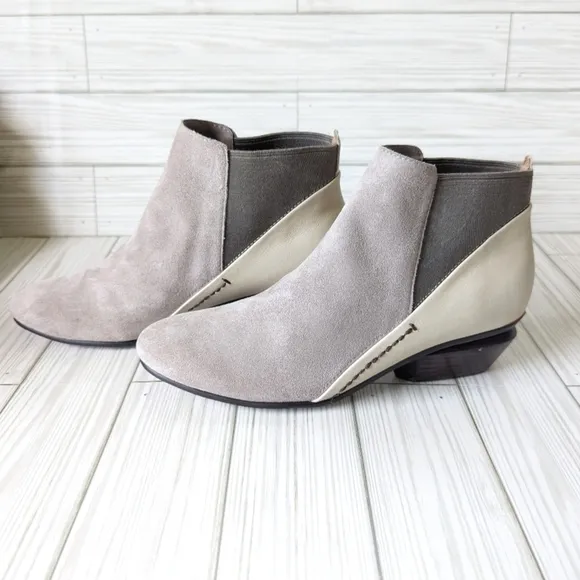 Naked Feet Suede and Leather Booties with Stacked Heel in Gray and Cream Size 6
