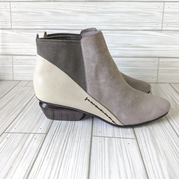 Naked Feet Suede and Leather Booties with Stacked Heel in Gray and Cream Size 6