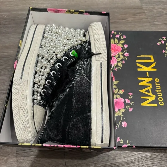 Nan-Ku Couture Pearl Crush High Top Crystal Embellished Black Sneakers