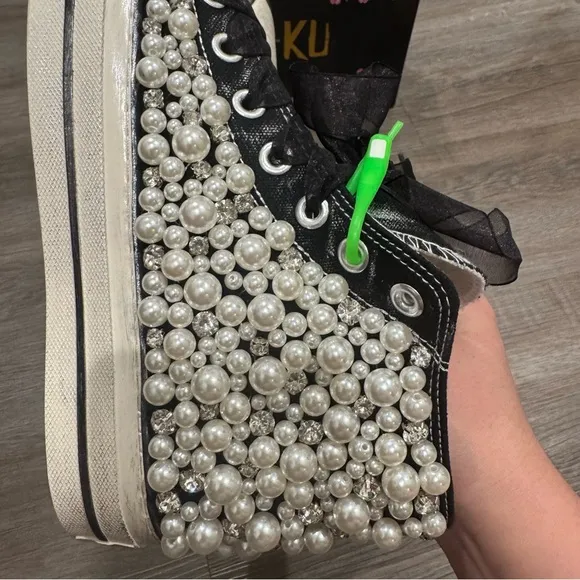 Nan-Ku Couture Pearl Crush High Top Crystal Embellished Black Sneakers