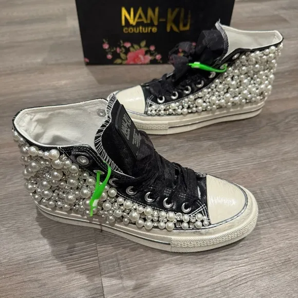 Nan-Ku Couture Pearl Crush High Top Crystal Embellished Black Sneakers