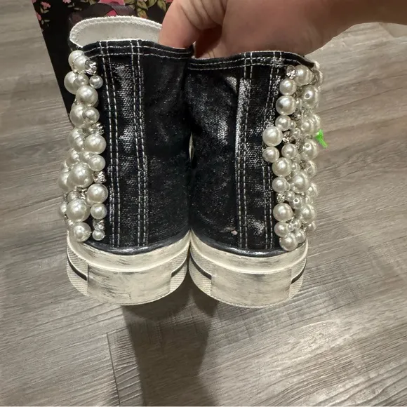 Nan-Ku Couture Pearl Crush High Top Crystal Embellished Black Sneakers