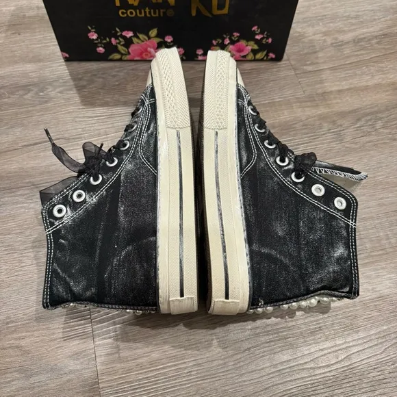 Nan-Ku Couture Pearl Crush High Top Crystal Embellished Black Sneakers
