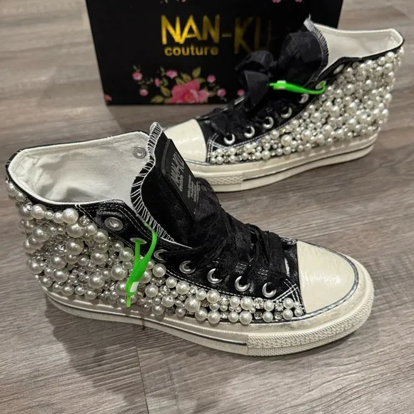 Nan-Ku Couture Pearl Crush High Top Crystal Embellished Black Sneakers