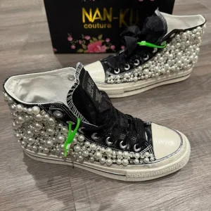 Nan-Ku Couture Pearl Crush High Top Crystal Embellished Black Sneakers