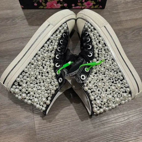 Nan-Ku Couture Pearl Crush High Top Crystal Embellished Black Sneakers