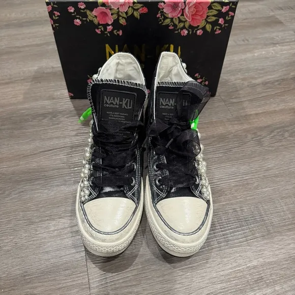 Nan-Ku Couture Pearl Crush High Top Crystal Embellished Black Sneakers