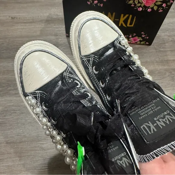 Nan-Ku Couture Pearl Crush High Top Crystal Embellished Black Sneakers