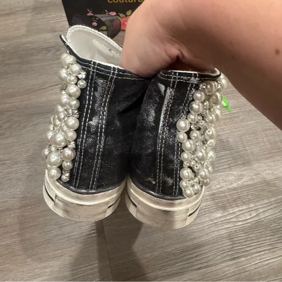 Nan-Ku Couture Pearl Crush High Top Crystal Embellished Black Sneakers