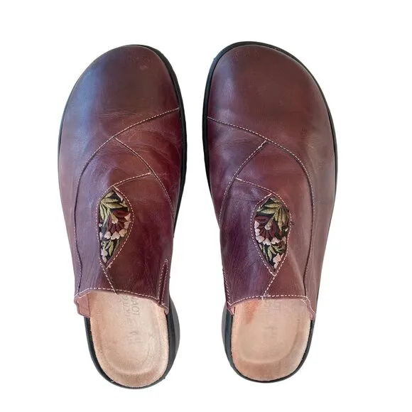 Naot Womens Shoes Mule Clog Black Floral EU 41 Red Wine Leather Slip On 10/10.5