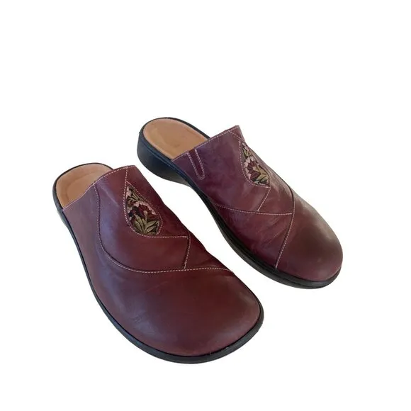 Naot Womens Shoes Mule Clog Black Floral EU 41 Red Wine Leather Slip On 10/10.5