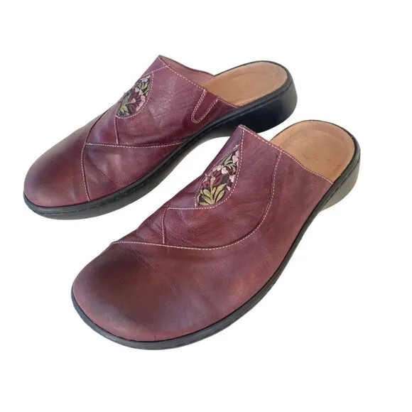 Naot Womens Shoes Mule Clog Black Floral EU 41 Red Wine Leather Slip On 10/10.5