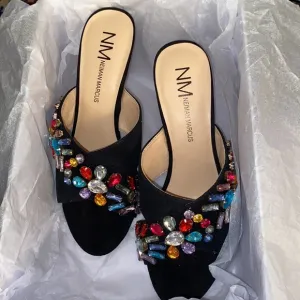 Neiman Marcus black Vibe Sandal with Multicolor crystals brand new with box!