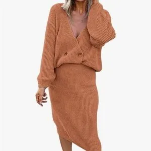 New 2pcs Deep V Neck Knit Sweater Skirt Sets