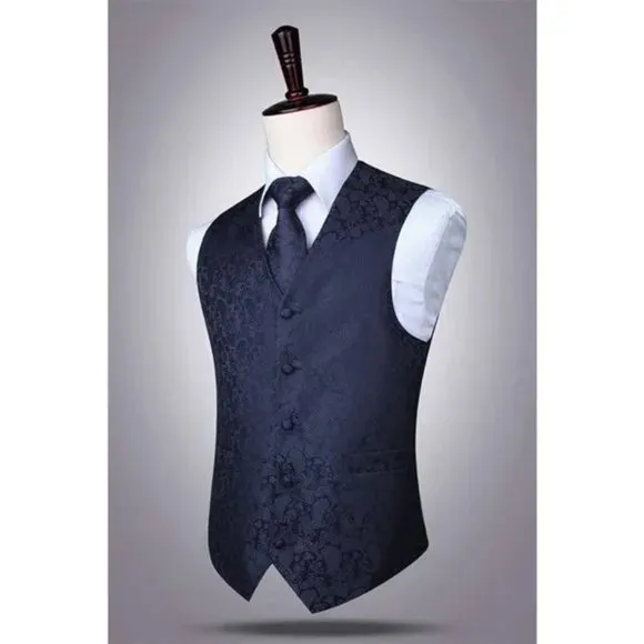 New 3PC Men's Paisley Floral Suit Vest Navy