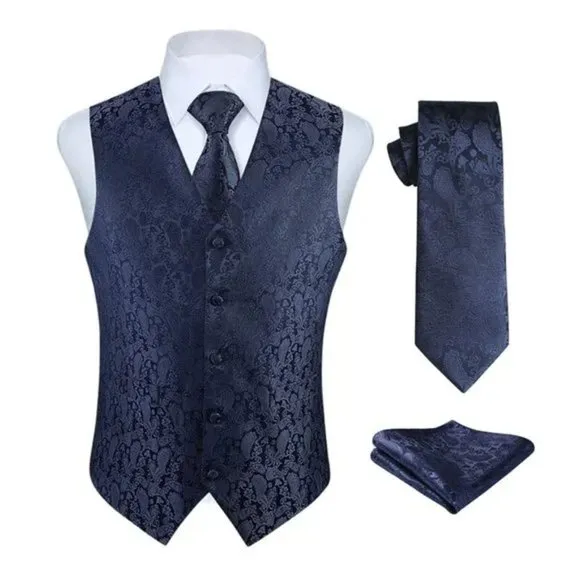 New 3PC Men's Paisley Floral Suit Vest Navy