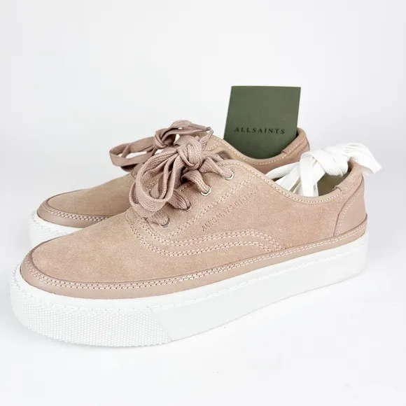 NEW AllSaints Bella Dusty Rose Pink Suede Leather Tie Platform Sneakers Size 9