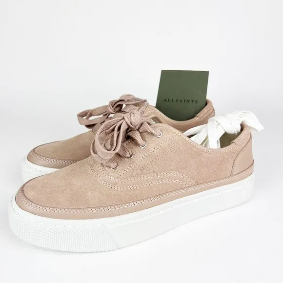 NEW AllSaints Bella Dusty Rose Pink Suede Leather Tie Platform Sneakers Size 9