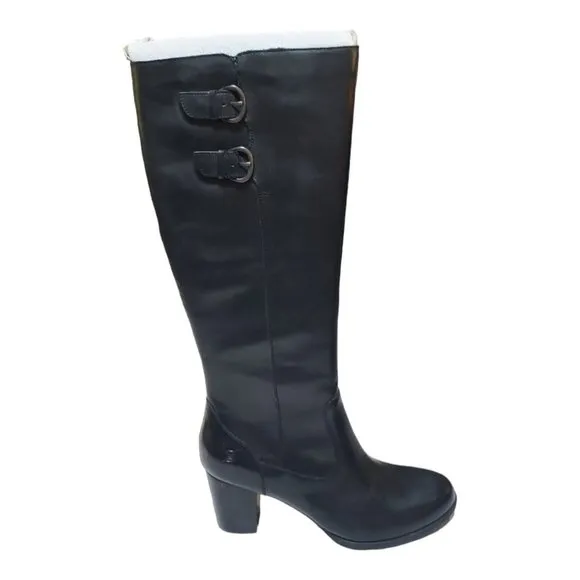 NEW Born &quot;Mim&quot; Black Leather Tall Boots Women's Sz 9.5 Heeled Buckle D49803