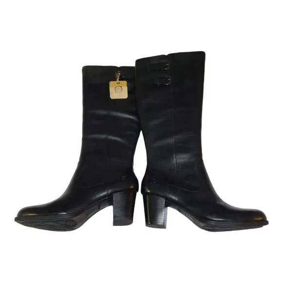 NEW Born &quot;Mim&quot; Black Leather Tall Boots Women's Sz 9.5 Heeled Buckle D49803
