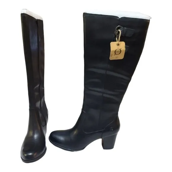 NEW Born &quot;Mim&quot; Black Leather Tall Boots Women's Sz 9.5 Heeled Buckle D49803