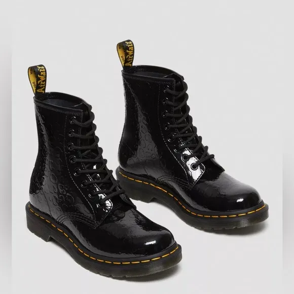 New Dr Martens 1460 LEOPARD EMBOSS PATENT LEATHER BOOTS Black Size 8