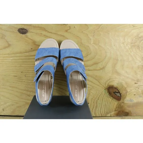 New Ecco Sandals Womens Sz 9.5 Blue Shape Wedge Plateau Leather 2 Strap Shoes
