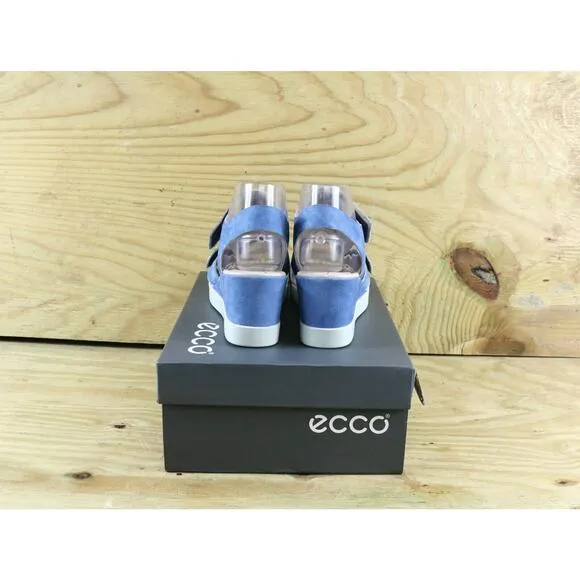 New Ecco Sandals Womens Sz 9.5 Blue Shape Wedge Plateau Leather 2 Strap Shoes