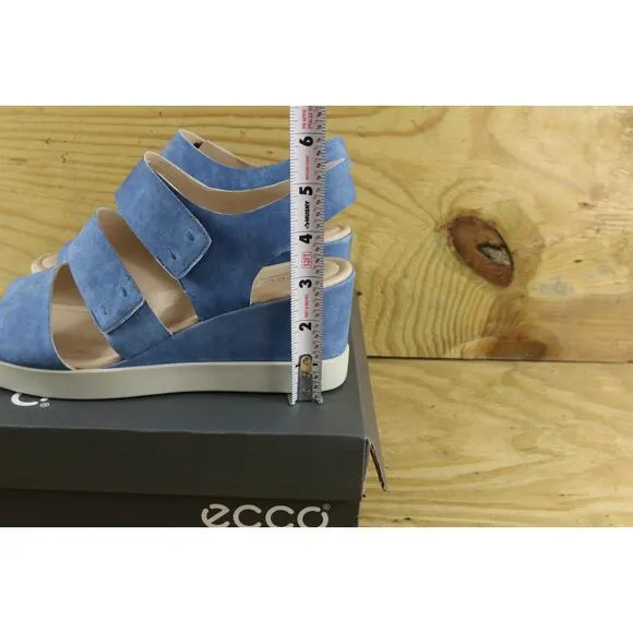 New Ecco Sandals Womens Sz 9.5 Blue Shape Wedge Plateau Leather 2 Strap Shoes