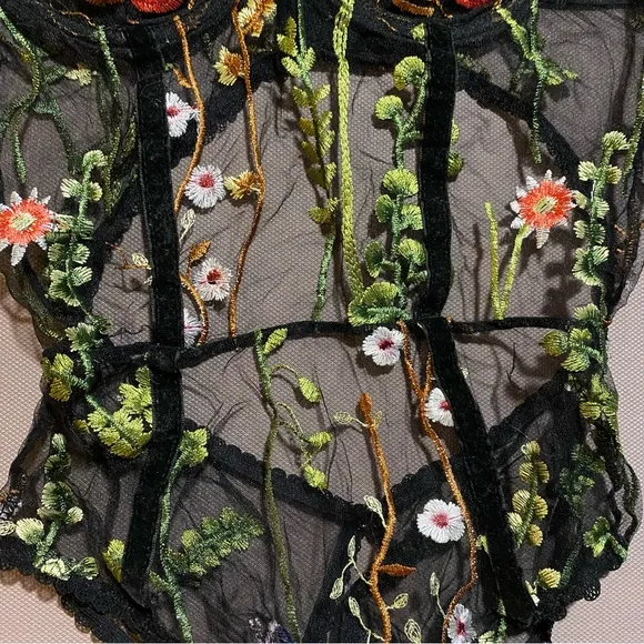 NEW Embroidered Floral Mesh Garden Luxury Lingerie Peekaboo Ribbed Bodysuit