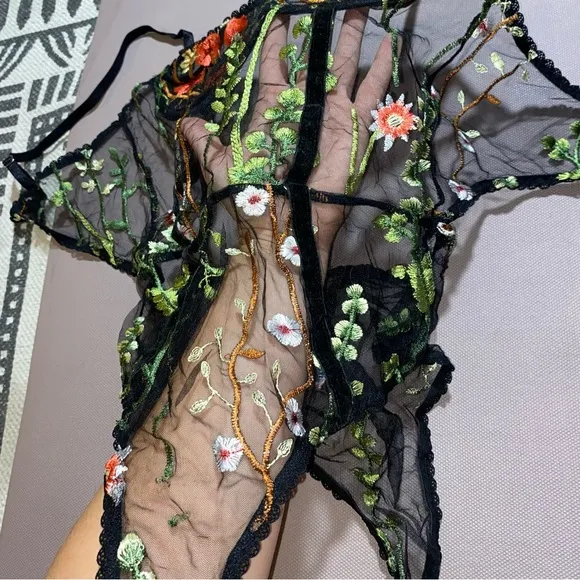 NEW Embroidered Floral Mesh Garden Luxury Lingerie Peekaboo Ribbed Bodysuit