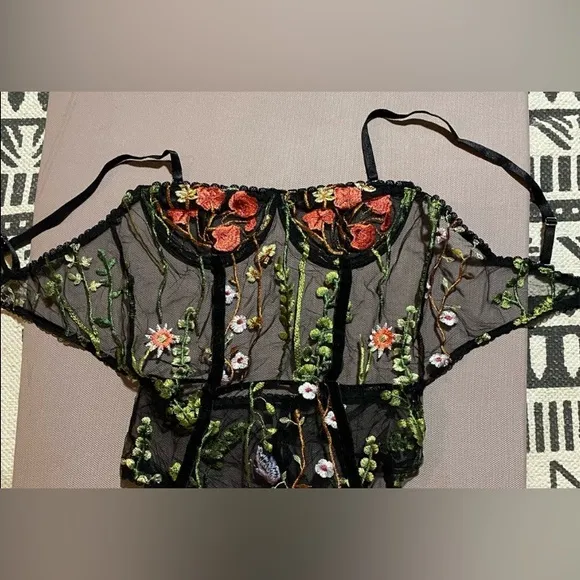 NEW Embroidered Floral Mesh Garden Luxury Lingerie Peekaboo Ribbed Bodysuit