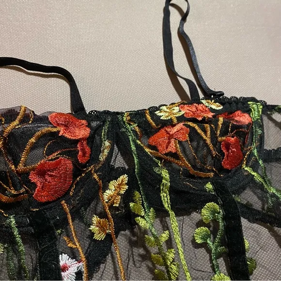 NEW Embroidered Floral Mesh Garden Luxury Lingerie Peekaboo Ribbed Bodysuit