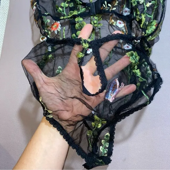 NEW Embroidered Floral Mesh Garden Luxury Lingerie Peekaboo Ribbed Bodysuit