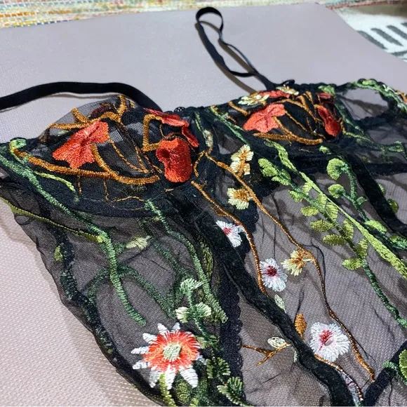 NEW Embroidered Floral Mesh Garden Luxury Lingerie Peekaboo Ribbed Bodysuit