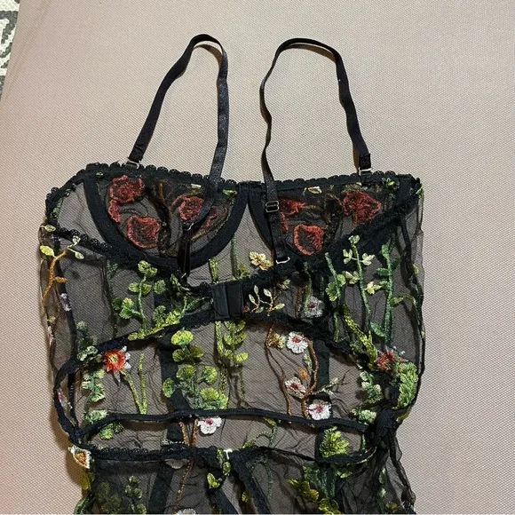 NEW Embroidered Floral Mesh Garden Luxury Lingerie Peekaboo Ribbed Bodysuit