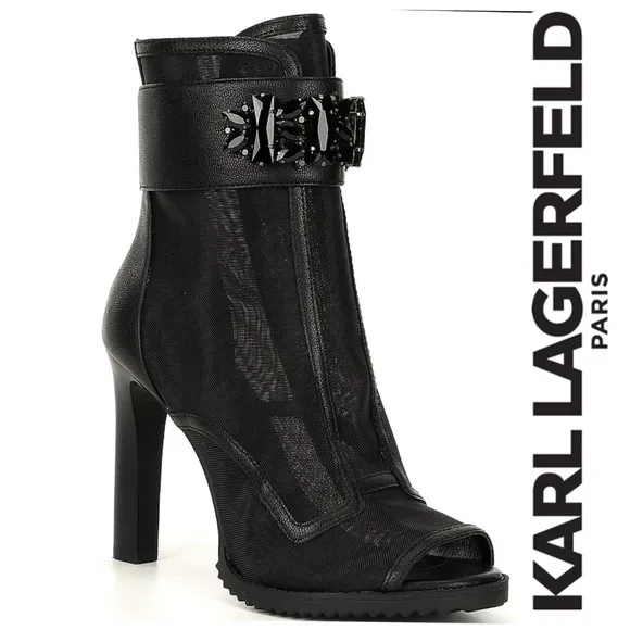 New Karl Lagerfeld Blayze Embellished Ornament Strap Peep Toe Booties Shoes Blk