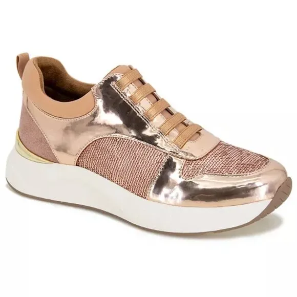 NEW KENNETH COLE REACTION Christal Faux Lace Up Sneakers rose gold women 266tn