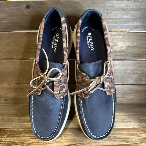 New Kids Sperry‎ Cup II Blue Leather Camo Slip On Boat Deck Shoes Loafers 6.5 Y