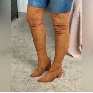 New Marlo' Women’s Tan Over The Knee Suede Leather Boots Size 36