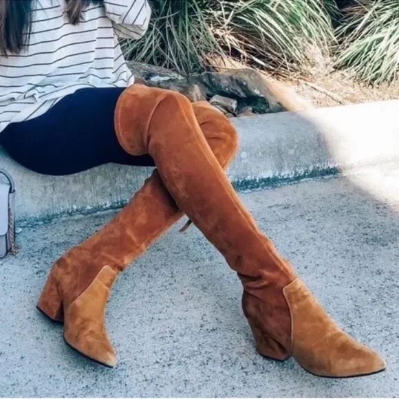 New Marlo' Women’s Tan Over The Knee Suede Leather Boots Size 36